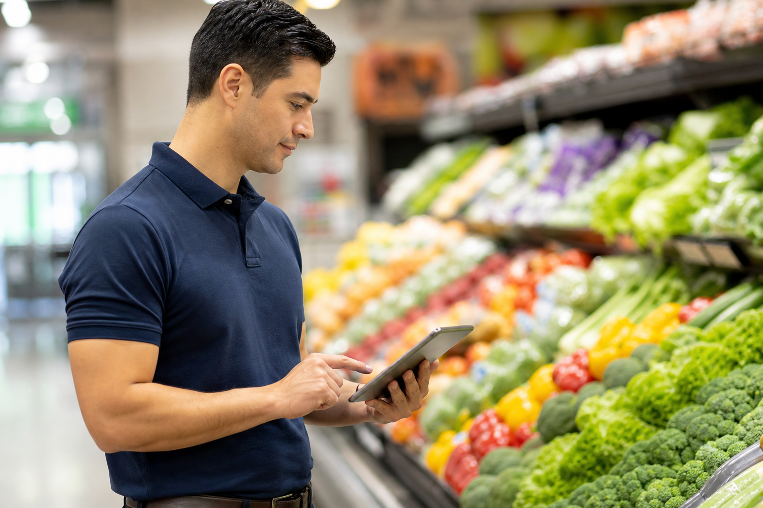 Store manager checking product standards on a tablet in the produce section