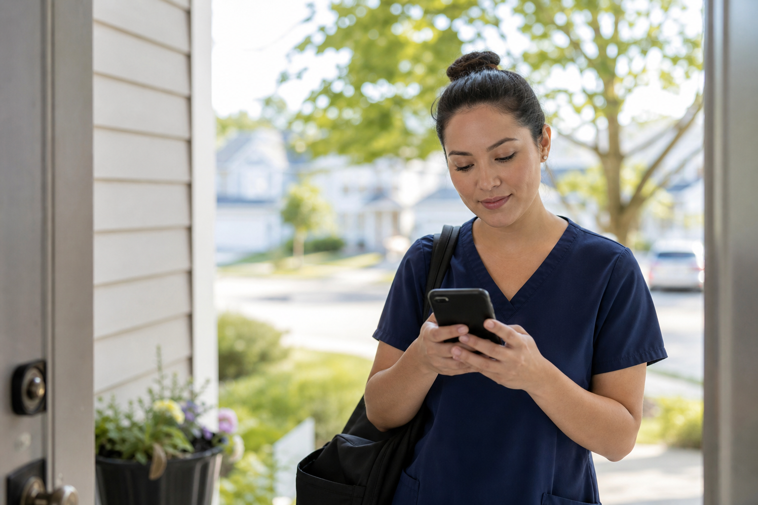 Home health professional checking in on arrival at a client's home