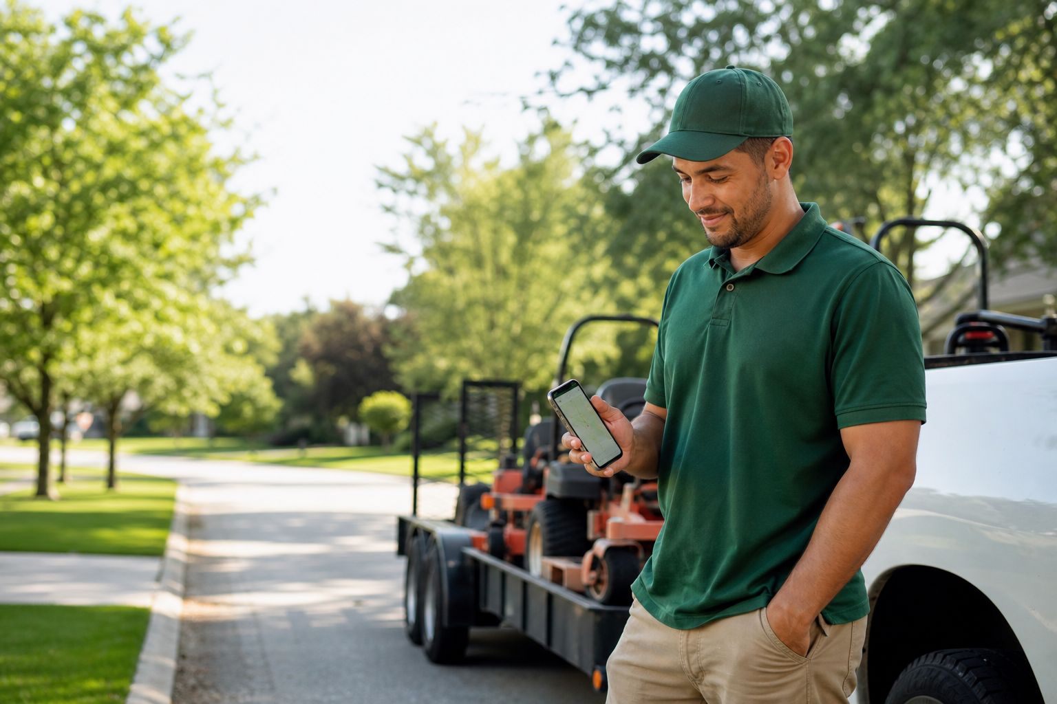Field crew member checking the day's route on a phone by the truck