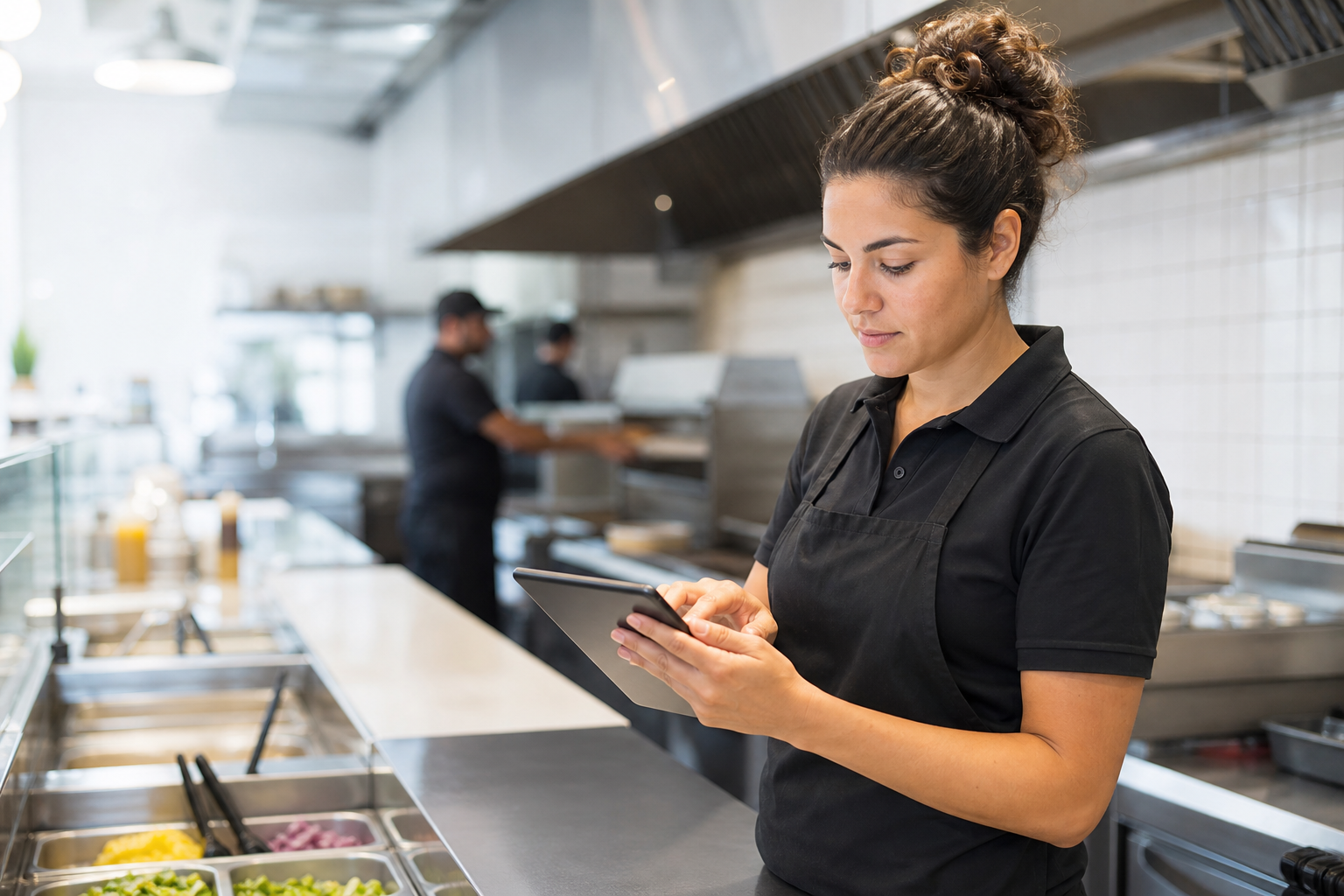 Restaurant manager running a standards checklist on a tablet