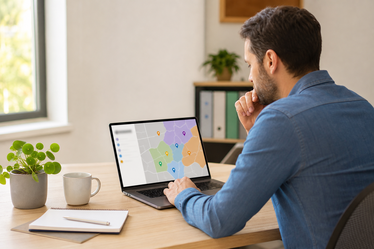 Operations manager reviewing a regional coverage map to rebalance team assignments